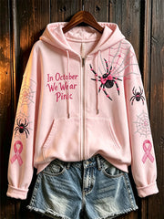Women's Breast Cancer Theme Halloween Elements Pattern Printed Casual Zip-Up Hoodie