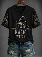 Women's Halloween “BASIC WITCH” Printed V-neck T-shirt