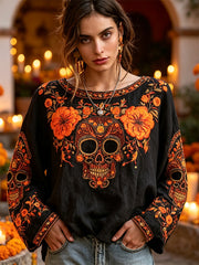 Women's Day of the Dead Sugar Skull Marigolds Floral Print Cotton-Linen Shirt