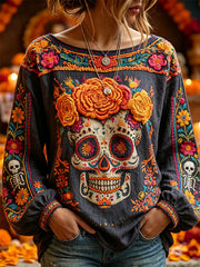 Women's Day of the Dead Sugar Skull Marigolds Floral Print Cotton-Linen Shirt