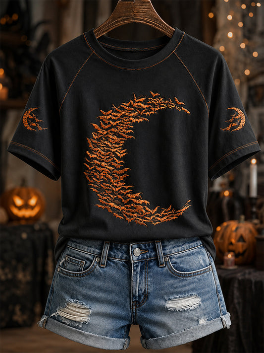 Women's Bats Forming Crescent Moon Print Round Neck Short Sleeve T-shirt