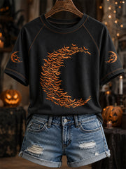 Women's Bats Forming Crescent Moon Print Round Neck Short Sleeve T-shirt