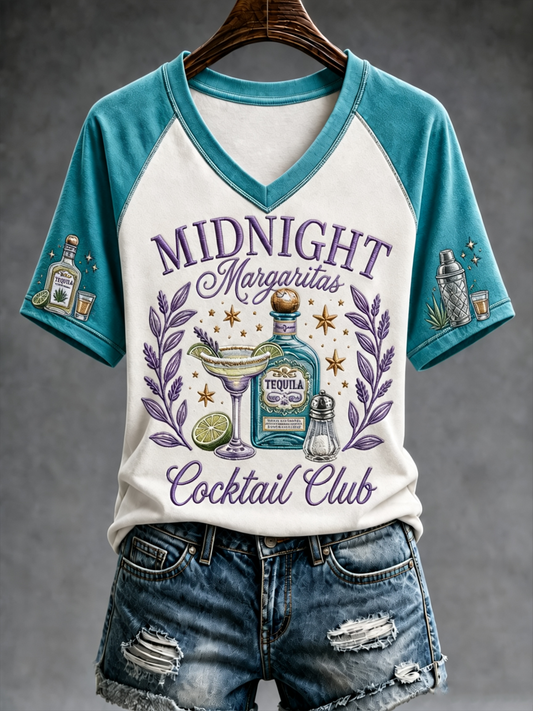Women's Midnight Margaritas Printed V-neck off-shoulder short-sleeved T-shirt