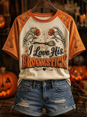 Women's I Love His Broomstick Print Round Neck Short Sleeve T-shirt