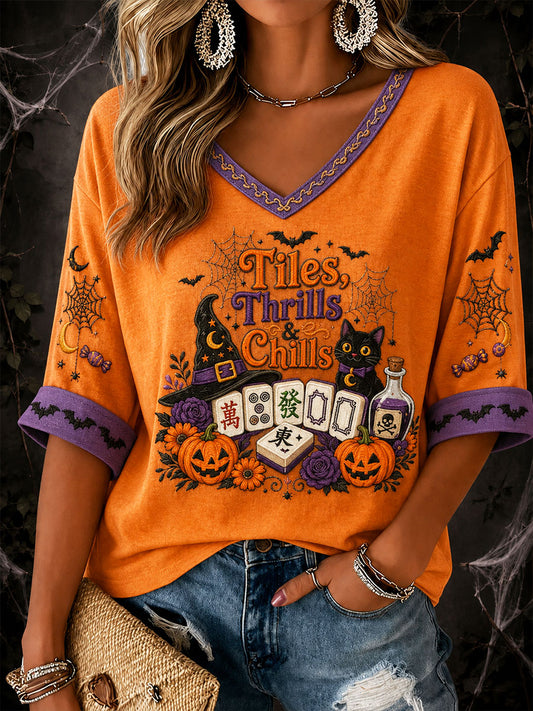 Women's Mahjong Halloween Cat Casual T-Shirt