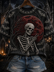 Women's Halloween Red Moon Skeleton Print Round Neck Short Sleeve T-shirt