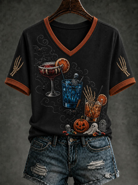 Women's Halloween Drink Up Printed V-neck T-shirt