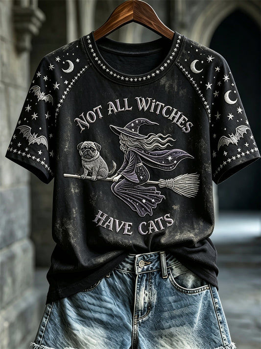 Women's Halloween Not All Witches Have Cats Witch & Pug Dog Print short sleeve T-shirt