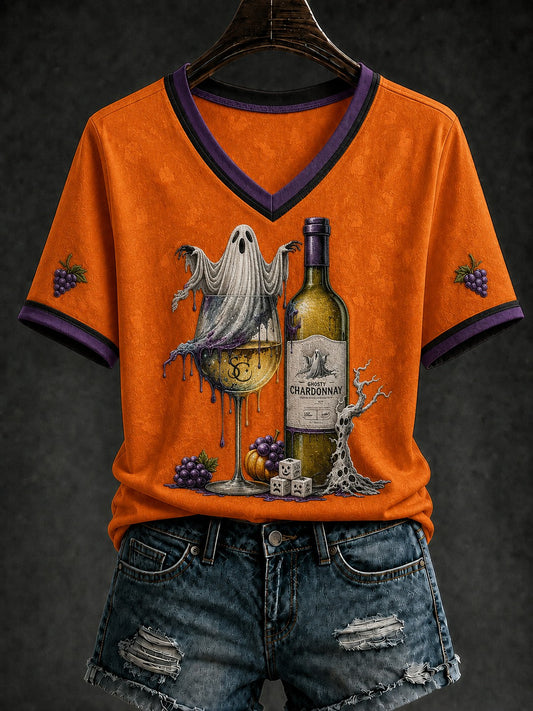 Women's Halloween Drink Up Printed V-neck T-shirt