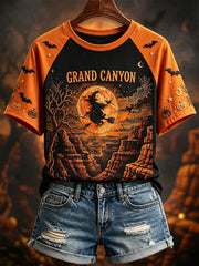 Women's Grand Canyon Halloween Witch Print Round Neck Short Sleeve T-shirt