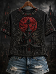 Women's Witch Moon Halloween Print Round Neck Short Sleeve T-shirt