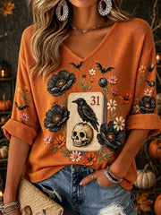Women's Halloween Mahjong Waffle V-Neck Tops