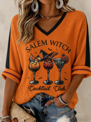Women's Halloween Salem Witch Printed Mid-length Sleeves V-Neck T-Shirt
