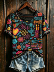 Women's Day of the Dead plant and flower pattern printed casual short-sleeve T-shirt