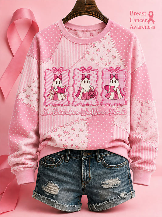 Women's In October We Wear Pink Halloween Pink Ghost Print Breast Cancer Awareness Support Regular Sweatshirt