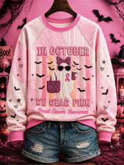 Women's In October We Wear Pink Halloween Pink Ghost Print Breast Cancer Awareness Support Regular Sweatshirt