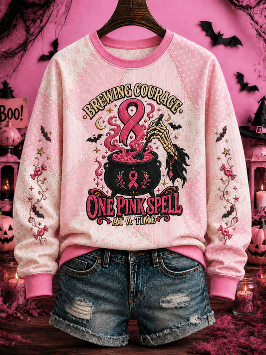 Women's One Pink Spell Witch Print Breast Cancer Awareness Support Regular Sweatshirt