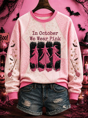 Women's In October We Wear Pink Halloween Pink Witch Print Breast Cancer Awareness Support Regular Sweatshirt