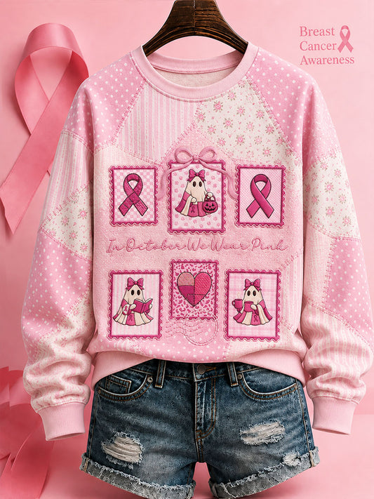 Women's In October We Wear Pink Halloween Pink Ghost Print Breast Cancer Awareness Support Regular Sweatshirt