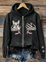 Women's French Bulldog Breast Cancer Pink Ribbon Halloween Skeleton Print Full Zip Hoodie