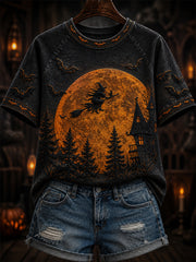 Women's Halloween Witch and Haunted House Print Round Neck Short Sleeve T-shirt