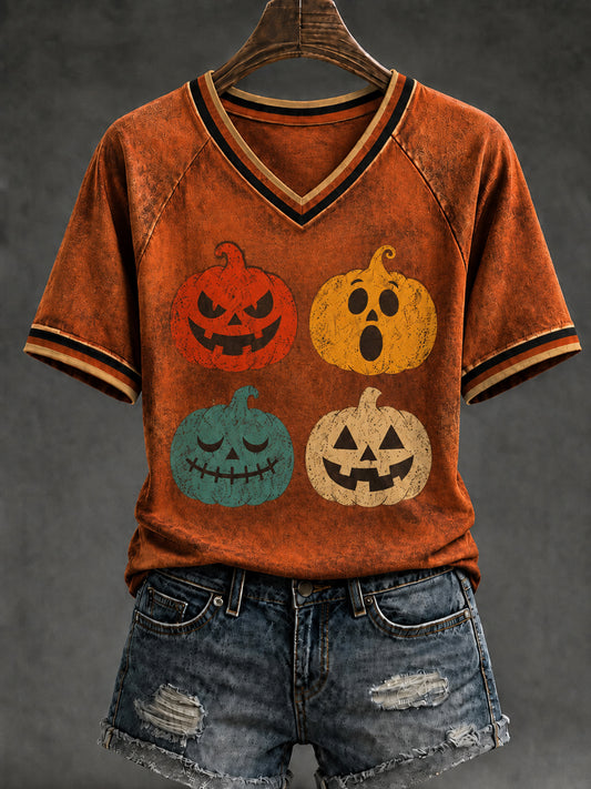 Women's Vintage  Halloween Creepy Pumpkin V-neck Short Sleeve T-shirt