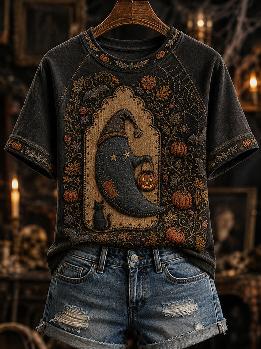 Women's Vintage Halloween Inspired Print Round Neck Short Sleeve T-shirt