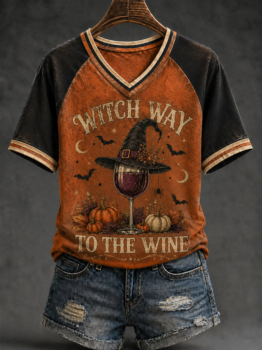 Women's Vintage Halloween Witch Way to the Wine V-neck Short Sleeve T-shirt
