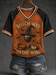 Women's Vintage Halloween Witch Way to the Wine V-neck Short Sleeve T-shirt