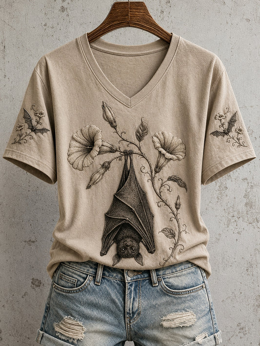 Women's Gothic Bat Dark Academia Botanical Print Short-sleeved T-shirt