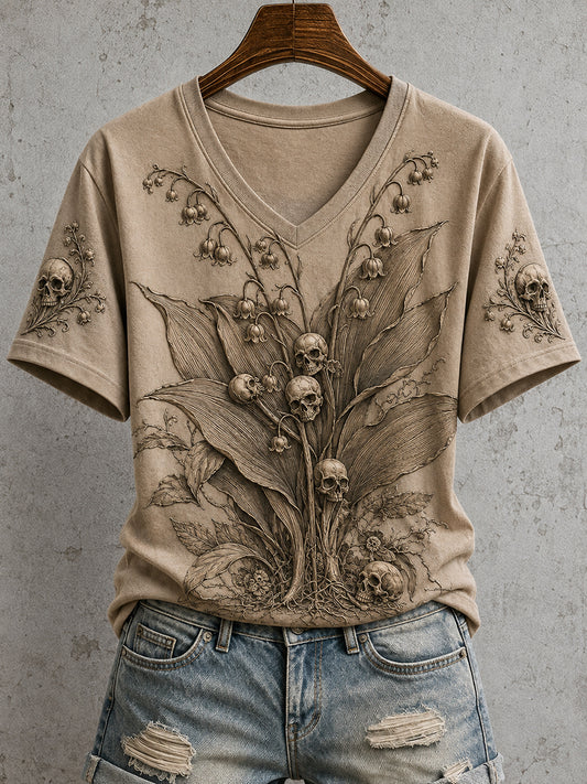 Women's Skull Flowers Gothic Dark Academia Art Print Short-sleeved T-shirt