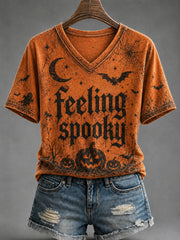 Women's Vintage Halloween Feeling Spooky  V-neck Short Sleeve T-shirt