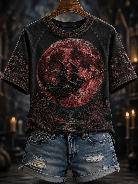 Women's Witches Flying on Broomstick with Red Moon Print T-shirt