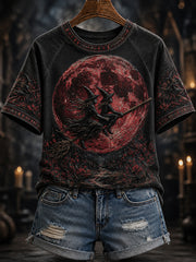 Women's Witches Flying on Broomstick with Red Moon Print T-shirt