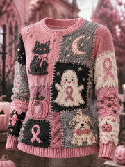 Women's Halloween Pink Ghost And Cat Pink Ribbon Print Breast Cancer Awareness Support Sweater