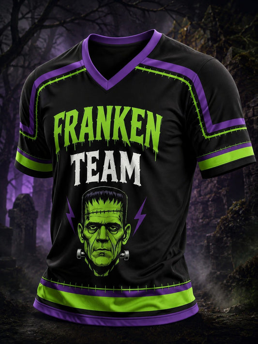 Men's Halloween Franken Team Printed V-neck T-shirt
