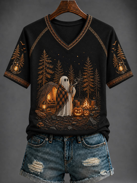 Women's Halloween Printed V-neck T-shirt