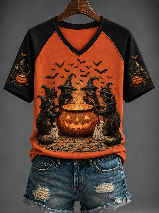 Women's Halloween Printed V-neck T-shirt