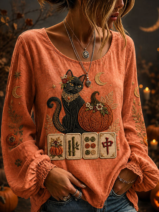 Women's Halloween Black Cat Mahjong Tops