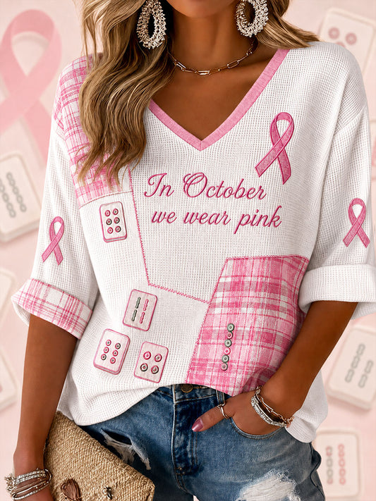 Women's 'In October we wear pink' Mahjong Waffle V-Neck Tops