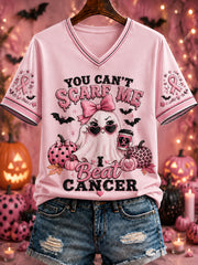Women's “YOU CAN'T  SCARE ME  I  Beat  CANCER” Printed V-neck T-shirt
