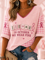 Women's 'In October we wear pink' Mahjong Waffle V-Neck Tops