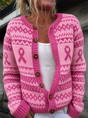Women's Breast Cancer Awareness Pink Ribbon Isle Print Cozy Cardigan