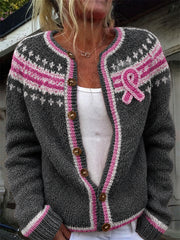 Women's Breast Cancer Awareness Pink Ribbon Yoke Print Cozy Cardigan