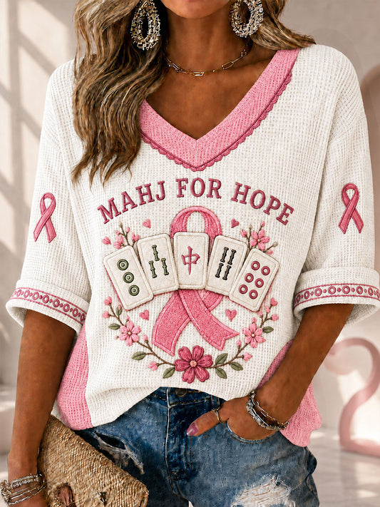 Women's Breast Cancer Awareness and Mahjong Waffle V-Neck Tops
