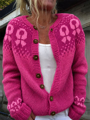 Women's Breast Cancer Awareness Pink Ribbon Yoke Print Cozy Cardigan