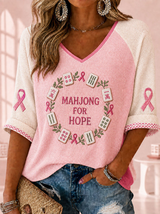 Women's Breast Cancer Awareness and Mahjong Waffle V-Neck Tops