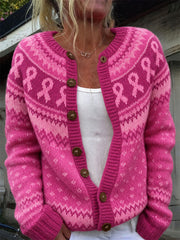 Women's Breast Cancer Awareness Pink Ribbon Yoke Isle Print Cozy Cardigan
