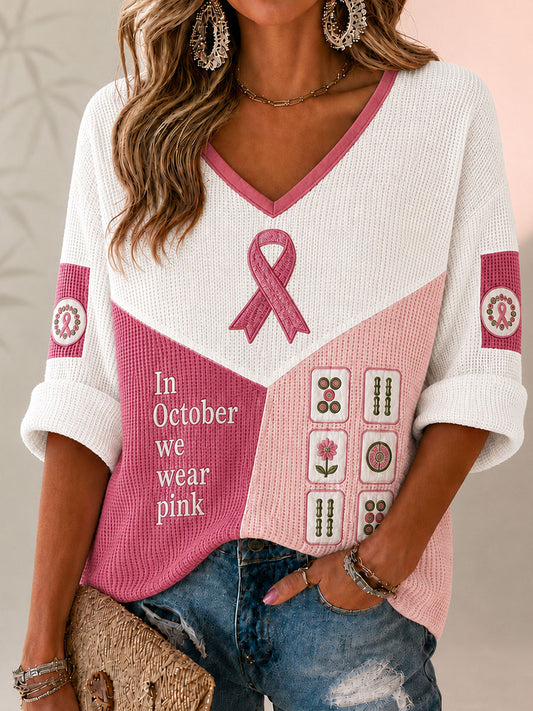 Women's 'In October we wear pink' Mahjong Waffle V-Neck Tops