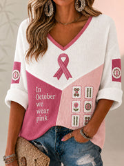 Women's 'In October we wear pink' Mahjong Waffle V-Neck Tops